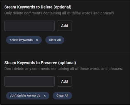 Delete or Preserve Steam Comments By Keyword(s)