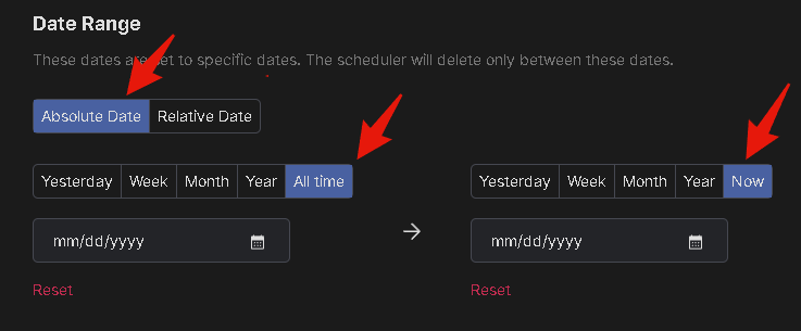 Redact's date range selector with default all-time settings