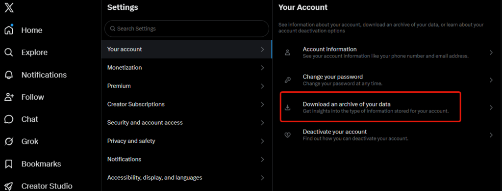 The “Download an archive of your data” link under the Your Account settings tab