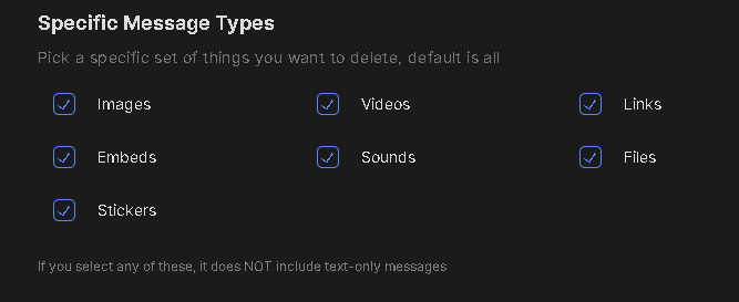 Redact's content type checkboxes for pictures, text, files, and videos