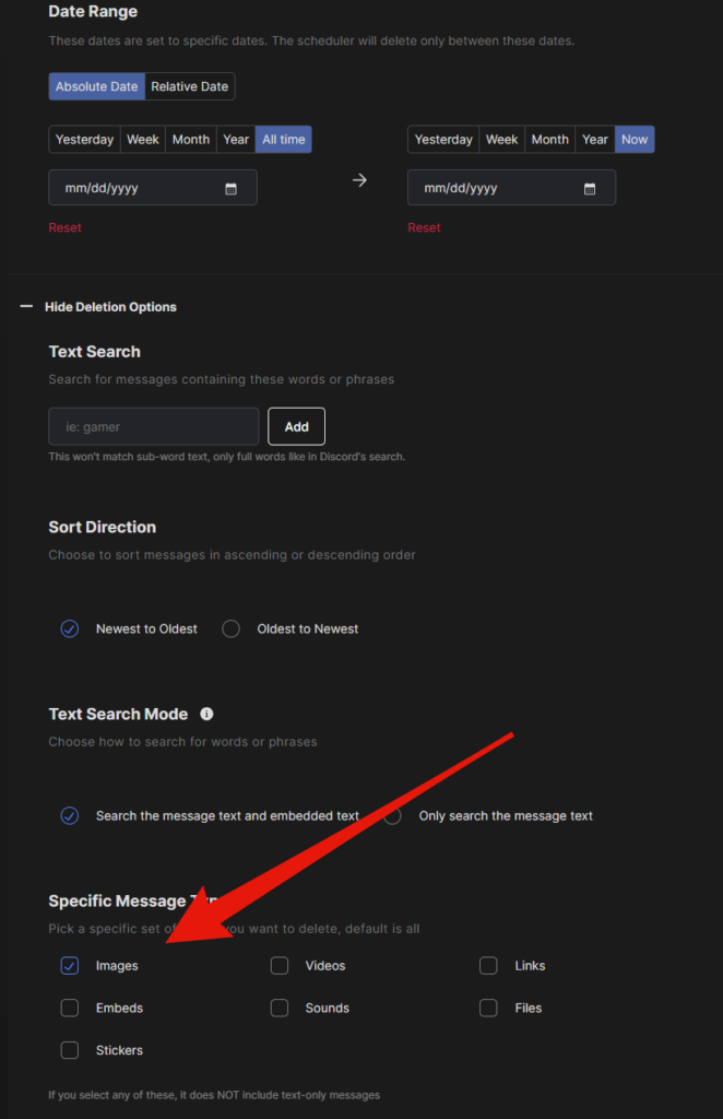 Redact's filter settings configured to find and delete Discord images