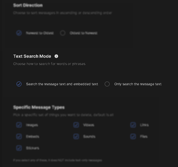 Redact's text mode search options for message text and embedded text