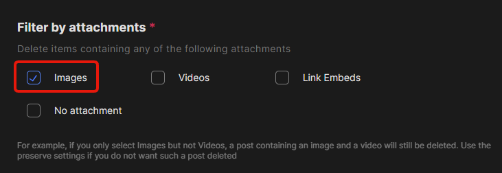 Filter by attachments with only Images checked, leaving Videos, Link Embeds and No attachment unchecked