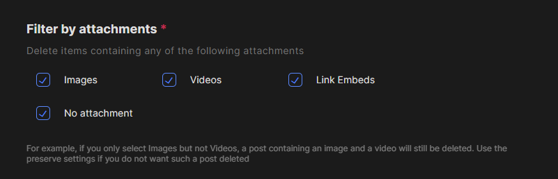 The timeline attachments settings box