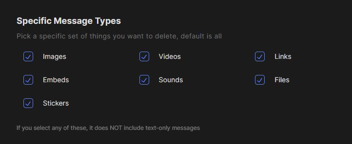 Redact's message type checkboxes, all selected
