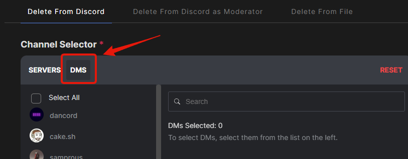 The DMs tab in Redact's Discord tool
