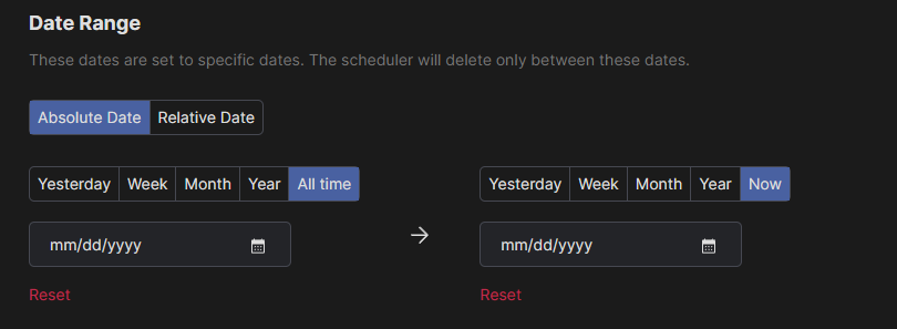 Redact's date range settings left at the all-time defaults