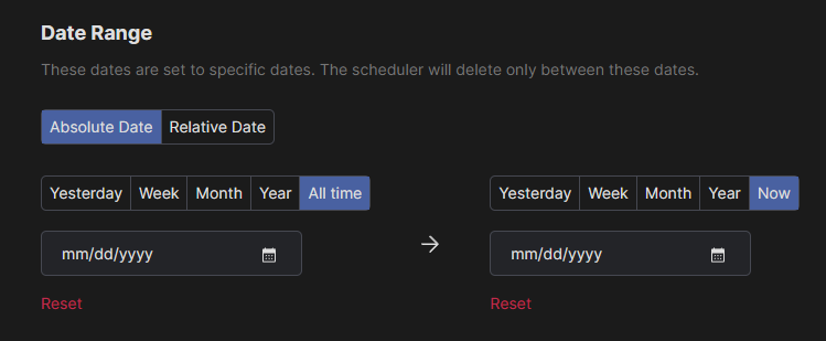 Redact date settings covering the whole account history
