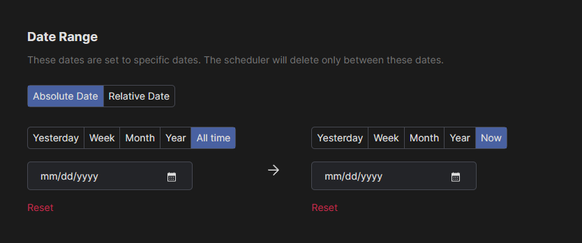 Redact's date range selection at its default all-time settings