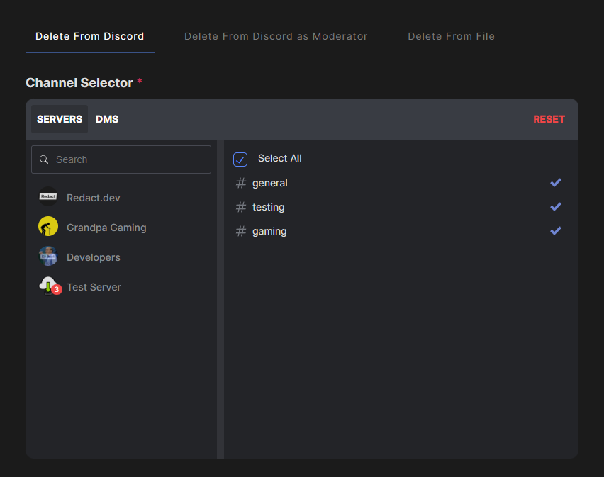 Redact's channel selector with servers on the left and channels on the right