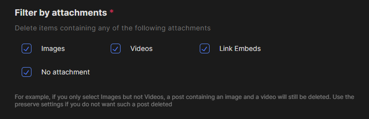 Every attachment type checked in Redact's attachment filter