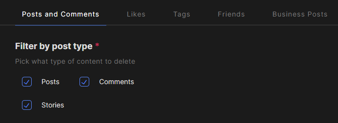 All three Facebook post types selected for removal