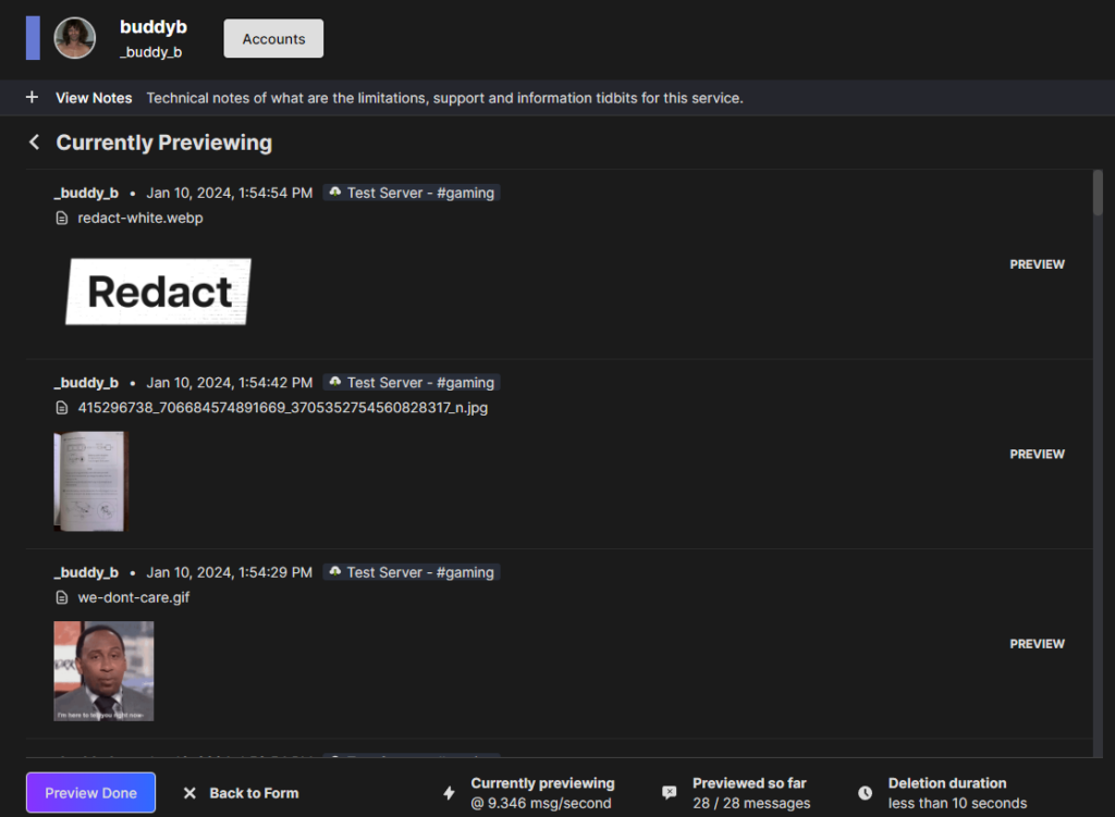 Preview mode showing the images matched by the filters before deletion