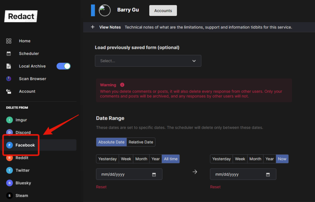 Redact app with Facebook highlighted in the left sidebar, opening the Facebook deletion form