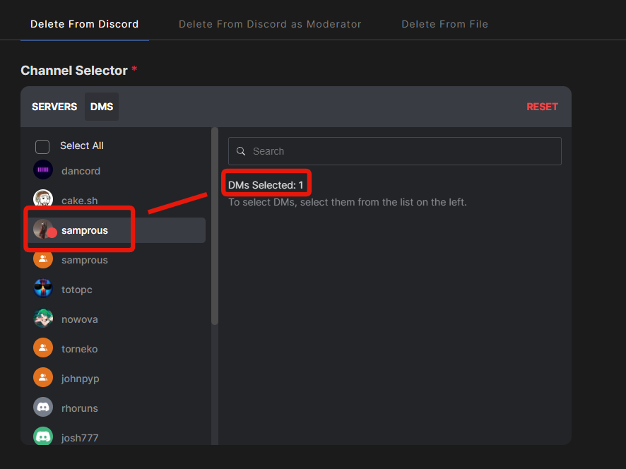 Selecting one or more DM conversations to delete in Redact