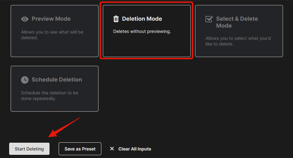 Deletion Mode selected, with an arrow pointing at the Start Deleting button below