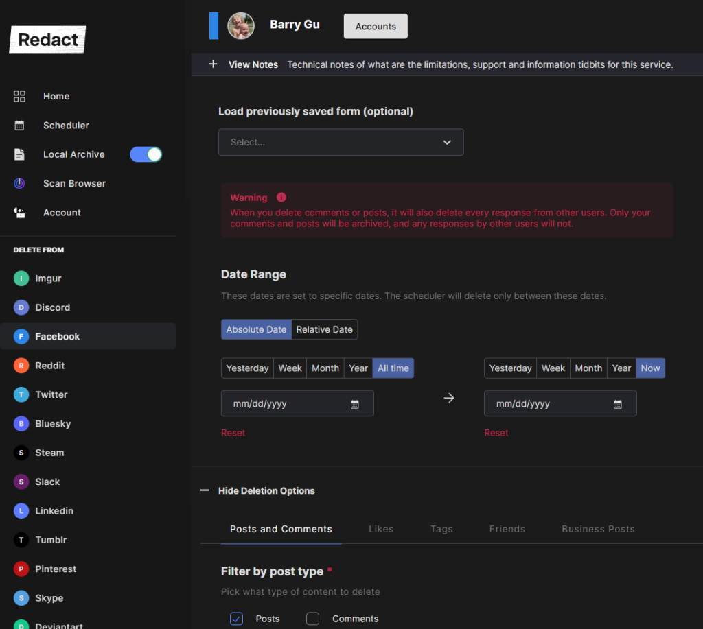The Redact start screen after logging in to Facebook