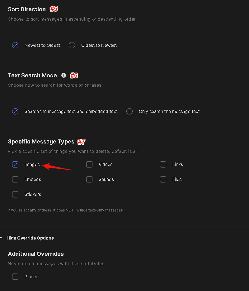 The specific message types setting with only the images box checked