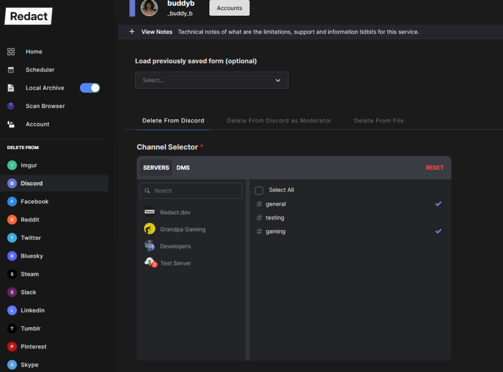 Redact's channel selector showing servers on the left and their channels on the right