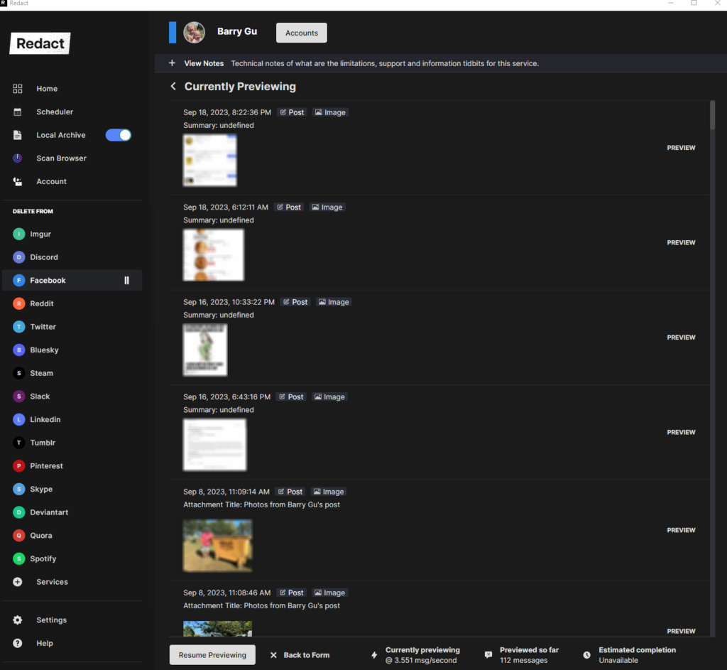 Redact's Currently Previewing screen listing dated Facebook posts tagged Post and Image with photo thumbnails
