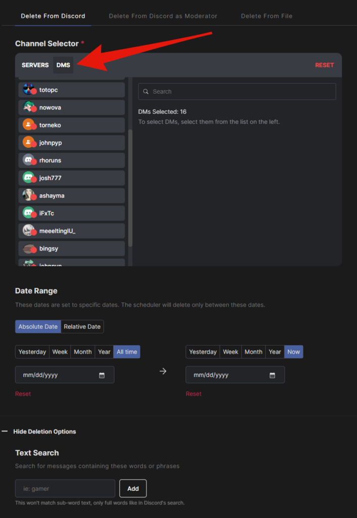 Step-by-step walkthrough of selecting Discord DMs for bulk deletion in the Redact app