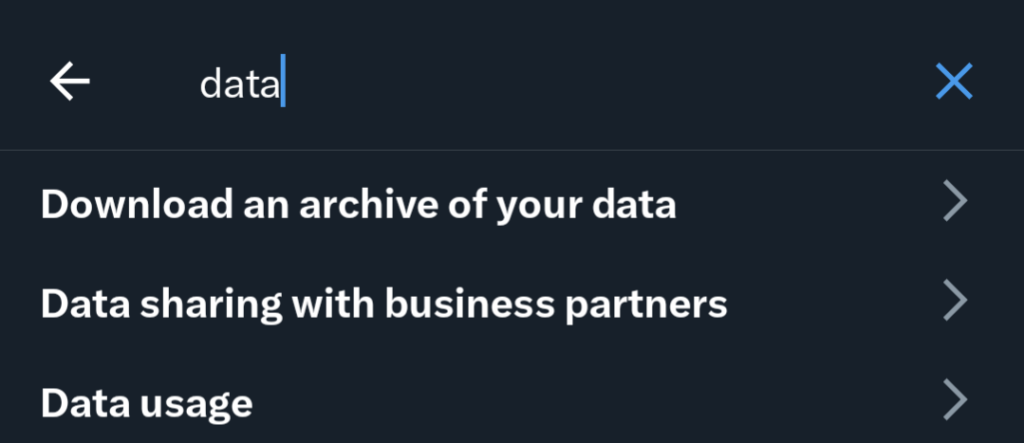 The “Download an archive of your data” result in the Twitter / X mobile settings search
