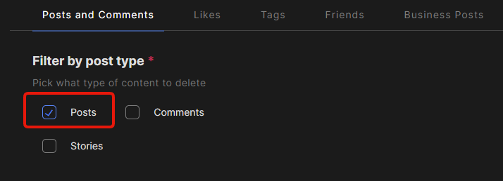 Filter by post type with only Posts checked, leaving Comments and Stories unchecked