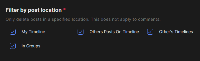 Every post location checked in Redact's Facebook options