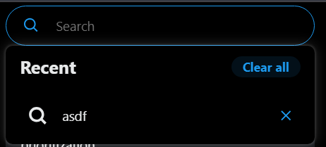 A social platform search box with a Recent list holding one saved query and a Clear all button