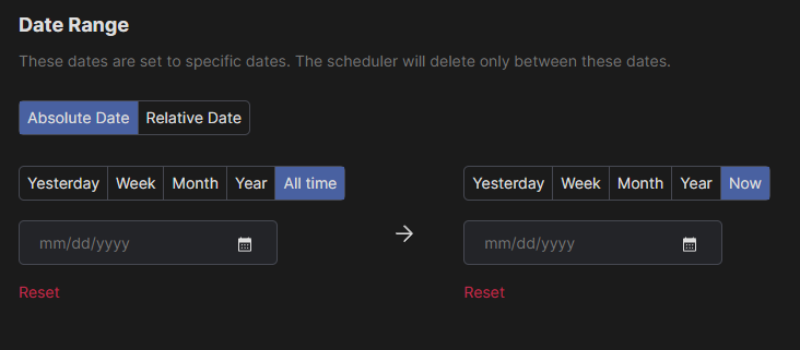 Date Range panel with Absolute and Relative tabs and shortcut buttons, set from All time to Now
