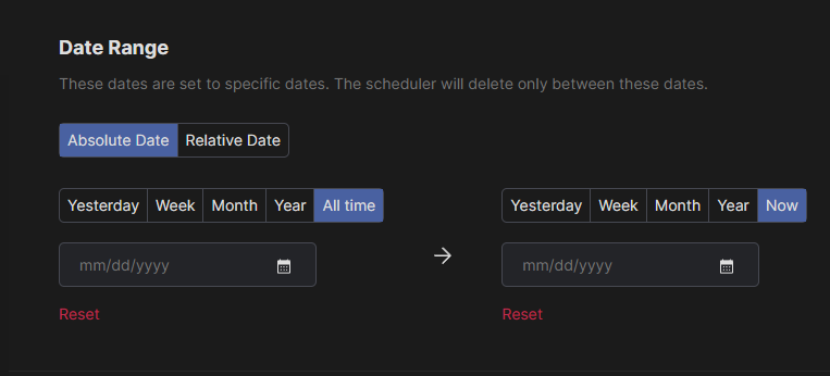 Redact’s Date Range filter set to Absolute Date, spanning All time to Now