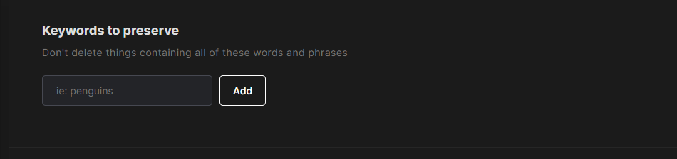 Redact’s Keywords to preserve field, an empty whitelist text box with an Add button beside it