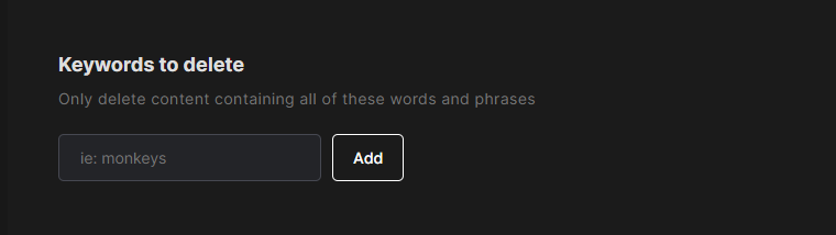 Redact’s Keywords to delete field, an empty text box with an Add button beside it