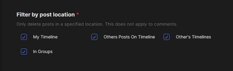 Redact’s Filter by post location options: My Timeline, Others Posts On Timeline, Other’s Timelines and In Groups, all checked