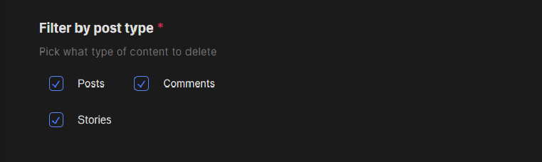 Redact’s Filter by post type options with Posts, Comments and Stories all checked
