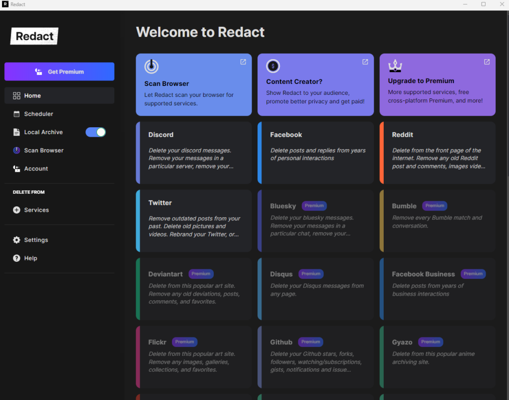 Redact’s Welcome screen with cards for Discord, Facebook, Reddit, Twitter and other supported services to clean up.
