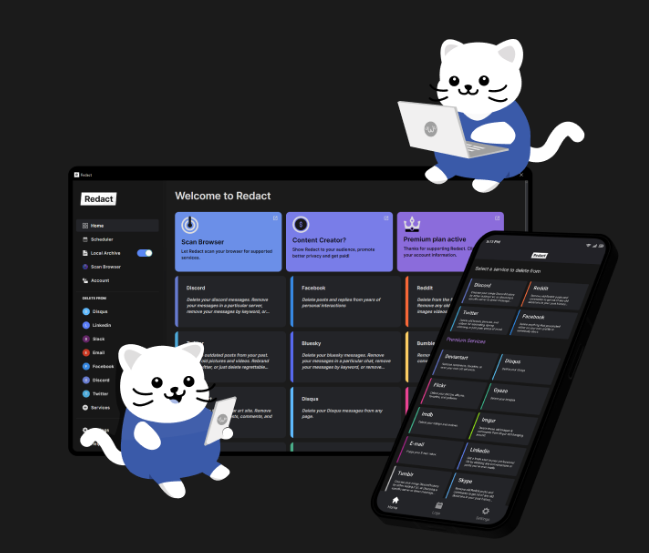 Redact's Welcome screen on desktop and phone, listing per-service deletion cards for Discord, Facebook, Reddit and more