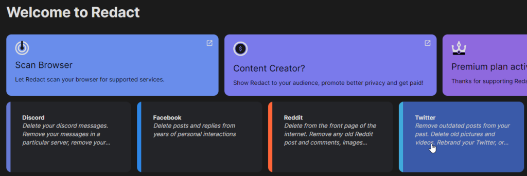 Redact's Welcome screen with service cards for Discord, Facebook, Reddit and Twitter, the cursor over the Twitter card