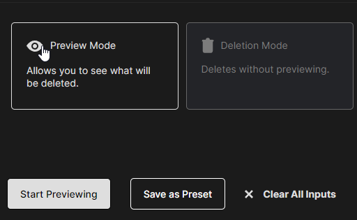 Preview Mode picked instead of Deletion Mode, with a Start Previewing button below