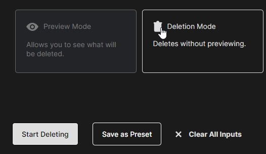 Deletion Mode picked instead of Preview Mode, with a Start Deleting button below