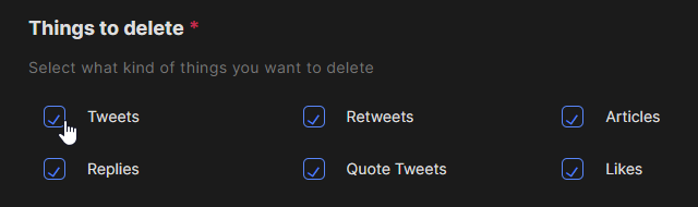 Things to delete with Tweets, Retweets, Articles, Replies, Quote Tweets and Likes all checked