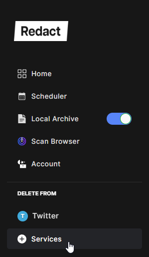 Redact app sidebar showing Home, Scheduler, Local Archive, Scan Browser, Account, and Twitter under Delete From