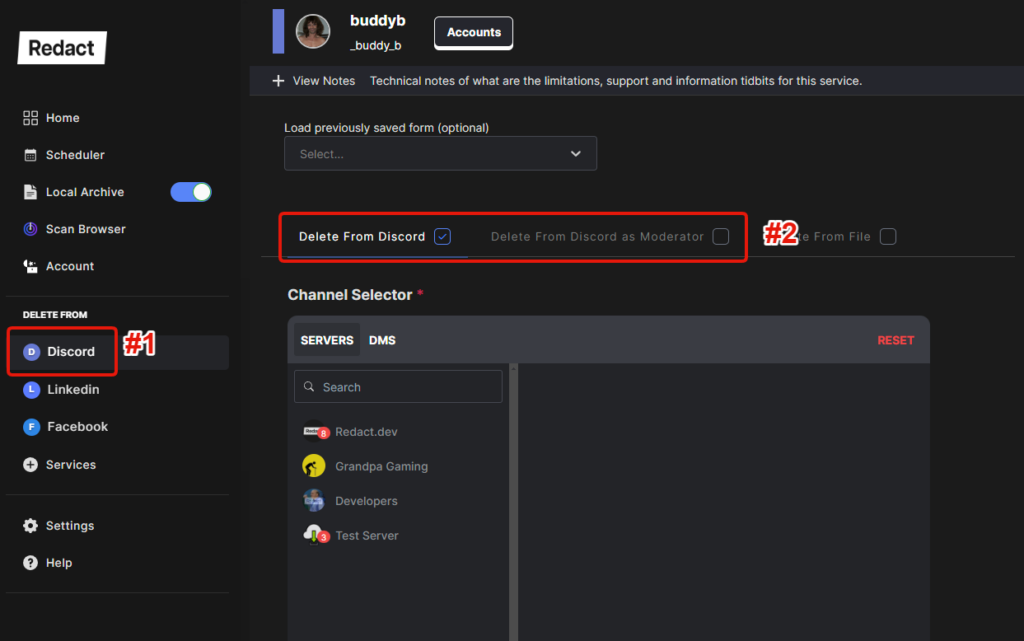 Selecting Delete From Discord on Redact's Discord screen