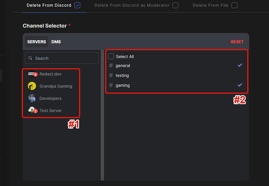 Choosing servers and channels to delete from in Redact