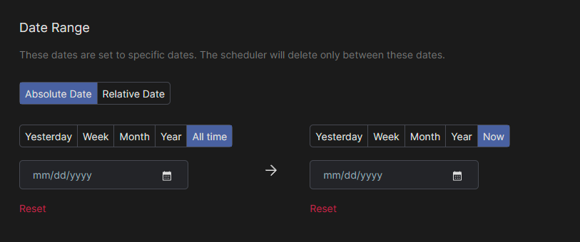 The date range settings in Redact, defaulting to all-time
