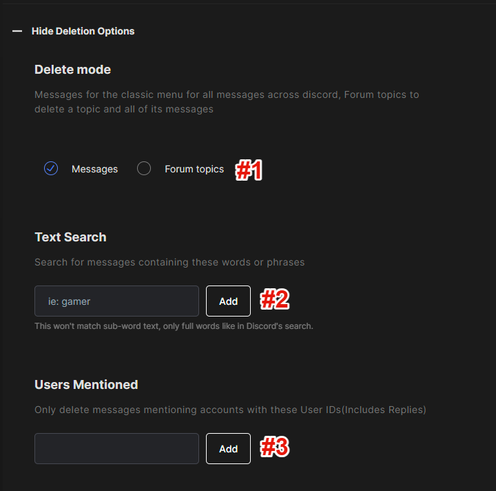 Redact's deletion options for content type, keywords, and usernames