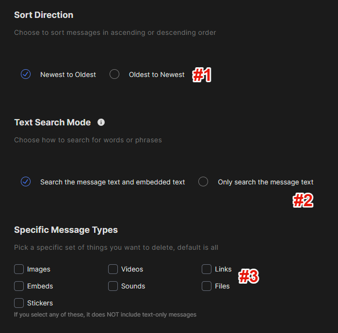 Redact's search direction and content checkbox options