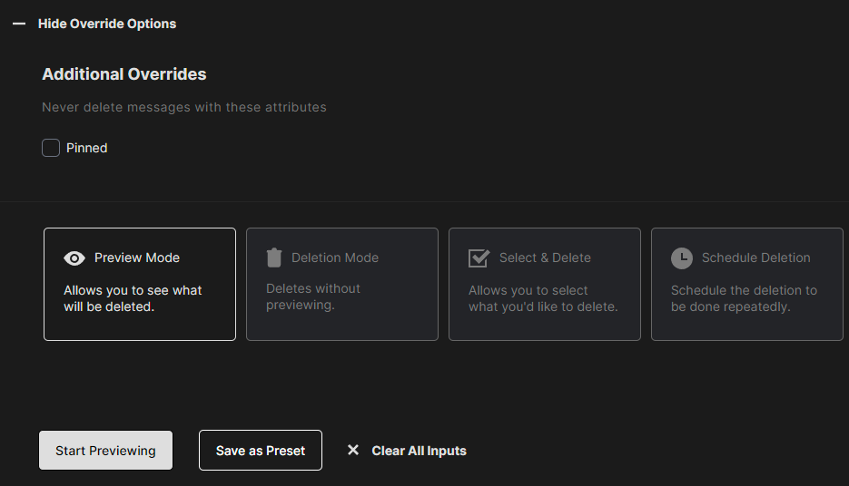 Redact's four deletion modes at the bottom of the form