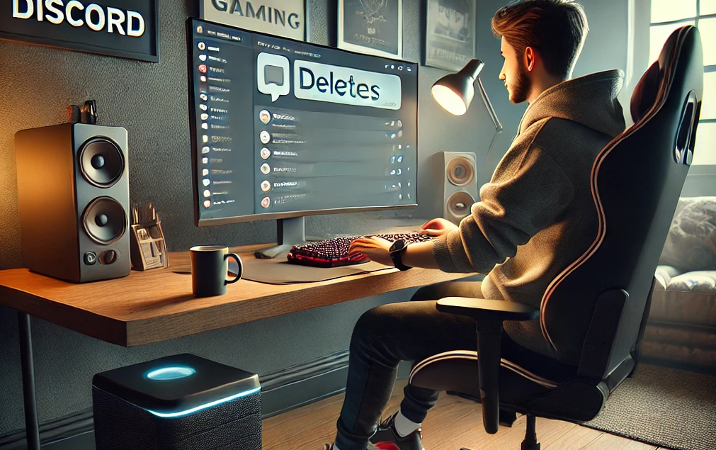 A person at a gaming PC setup deleting Discord messages on screen