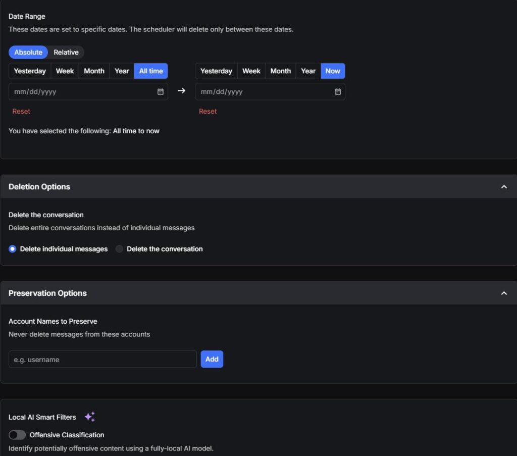 Advanced Mode filters: Date Range set to All time to now, Deletion Options, Account Names to Preserve, and Local AI Smart Filters